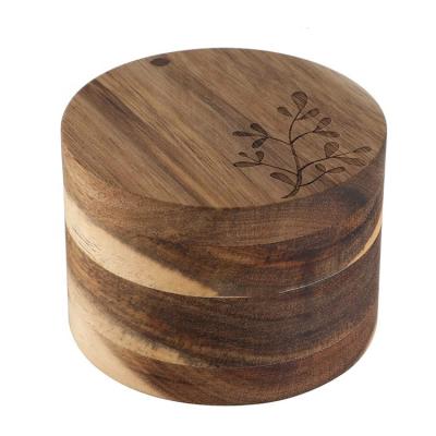 China Sustainable Natural Acacia Wood Storage Box Spice Pepper Keeper Salt Seasoning Cellar with Magnetic Swivel Lid for sale