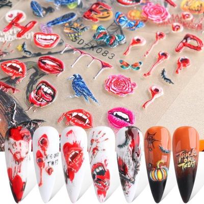 China Creative Halloween Festival Oosi 5D Embossed Flower Daisy Jewelry Nail Sticker Skull Bones Pumpkin Ghost Self Adhesive 5D Nail Art Decals for sale