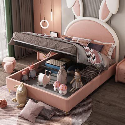 China Wholesale Custom Expandable Bed Wooden Frame Bunny Ears Headboard Design Storage Soft Bed For Children Kids for sale