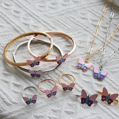 China Cute Trendy Enamel Butterfly Jewelry Set For Women Charm Finger Pendant Ring Necklace Fashion Brooch Cuff Bracelet Bangle Wholesale for sale