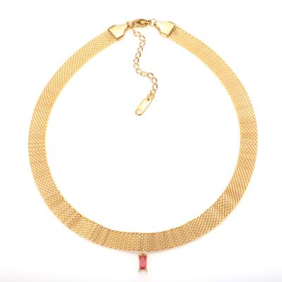 China New Trendy Trendy Rectangle Colorful Zircon Necklace Gold Color Mesh Choker Necklace For Women Pendant Lady Vintage Jewelry Gift for sale