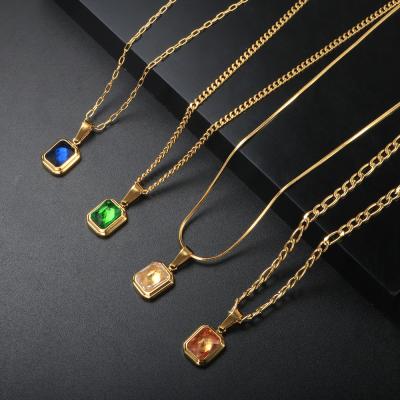 China FASHIONABLE Luxury Colorful Square CZ Stone Pendant Necklace For Women Punk Rhinestone Hip Hop Necklace Jewelry Gift for sale