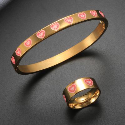 China Fashionable Cute Multi Bangle Bracelet Ring For Women Men Enamel Heart Love Heart Jewelry Set Party Wedding Gift Wholesale for sale