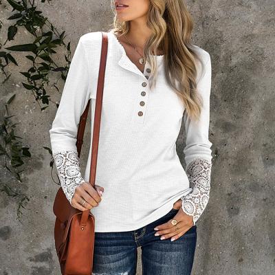 China Wholesale Custom Anti-pilling Button Knitted Crochet Lace Up Long Sleeve Tops For Women for sale