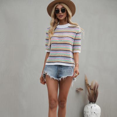 China 2022 Anti-wrinkle Leisure Quilting Hollow Knit Loose Round Collar Multicolor Color Stripe Short Sleeve Knit Sweater for sale