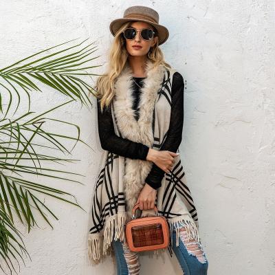 China Autumn/winter fashion fashionable plaid print women hot sale viable fur collar sleeveless edge quilted edge knit knit knit vest for sale