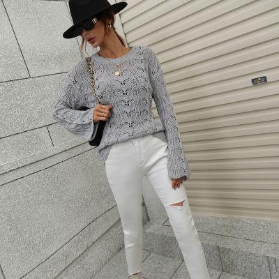 China Anti-Wrinkle Crochet Flower Sweater Casual Round Neck Sweater Sexy Solid Color Hollow Sweater for sale