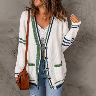 China Hot Sale 2022 Autumn Women Clothes Anti-wrinkle Sheath Long Sweater Winter Striped Women Knitted Fashion Cardigan for sale