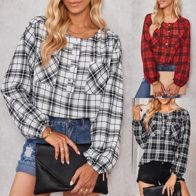 China Anti-pilling blouse shirt autumn streetwear fashion button sleeve sweater tops 2022 new trend women long casual round neck plaid for women for sale