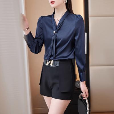 China Custom Fashion V-Neck Shirt Women Business Anti-pilling Silk Female Tops Lady Long Sleeve Office Satin Silk Blouse Plus Size for sale