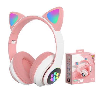 China Perfect healthy cute cat ear b39 wireless earphone with low latency support TF card FM blotooth light led earphone for sale