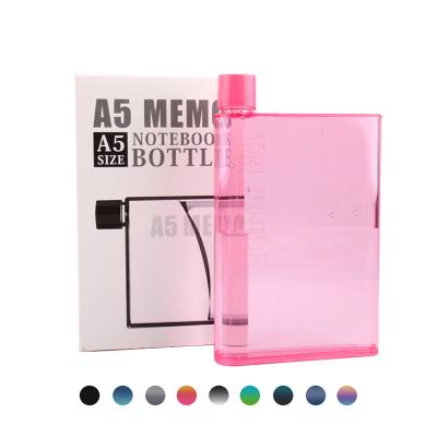 China Stocked Wholesale 420ml Custom Clear Plastic A5 Water Bottle Sports Notebook Sports Drink Bottle Clear Square Flat Water Bottle for sale