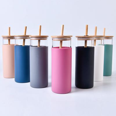 China New Viable Pink Reusable Shaker Water Bottles Glass Tumbler Water Bottle With Straw Suction Cute Mugs Silicone Water Bottle For Girl for sale