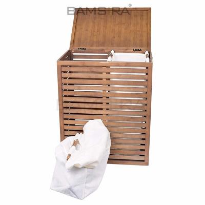 China Handles Handles Double Folding Laundry Basket With Lid And Removable Liners Solid Bamboo / Bamsira_BSCI for sale