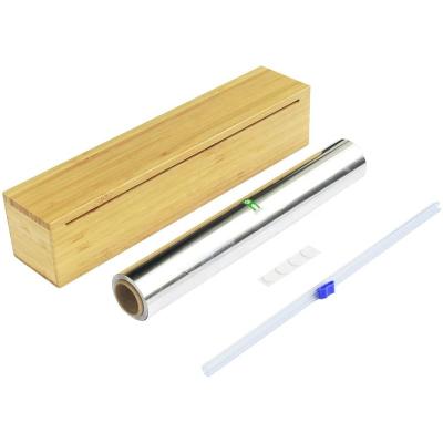 China Sustainable Sustainable Bamboo Wrap Dispenser With Cutter Wood Cling Aluminum Foil And Plastic Wrap Dispenser For Kitchen Drawer for sale