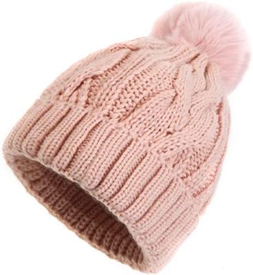 China COMMON Women's Winter Satin Striped Pom Hats Knitted Beanies with Detachable Pom Fur Hat Girls for sale