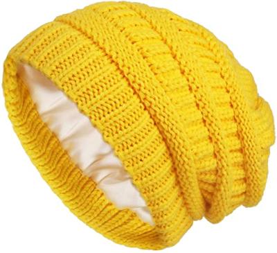 China COMMON Winter Beanies Satin Striped Warm Thick Knitted Slouchy Hats Caps For Women for sale