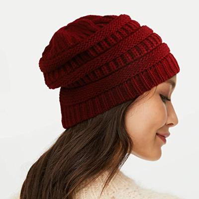 China COMMON Women's Satin Striped Winter Beanie Hats Cable Knit Beanie For Men Chunky Thick Silk Coating Cap for sale