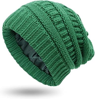 China COMMON Winter Knitted Satin Striped Green Color Beanie Hats For Women Cable Beanie Silky Soft Washed Warm Slouchy Hat for sale