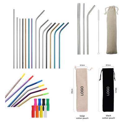 China Viable Wholesale Custom Reusable Cocktail Straw Stainless Steel Metalic Straws Set With Pouch And Brush for sale