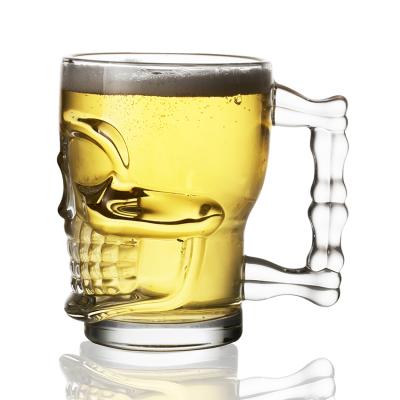 China Crystal Clear Big Grimace Shape Machine Made Viable Cups Double Wall Beer Mug Head Glass With Handle for sale