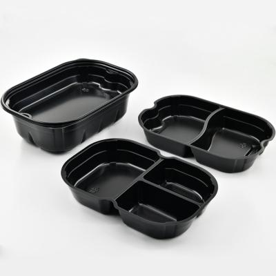 China Fast Food 1250ml Rectangular Microwavable Double Layer Disposable Plastic Black Plastic Take Out Bento Lunch Packing Boxes for sale