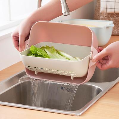 China Fruit Vegetable Folding Drain Basket Viable Household Rotating Kitchen Plastic Creative Double Square Folding Drain Basket for sale