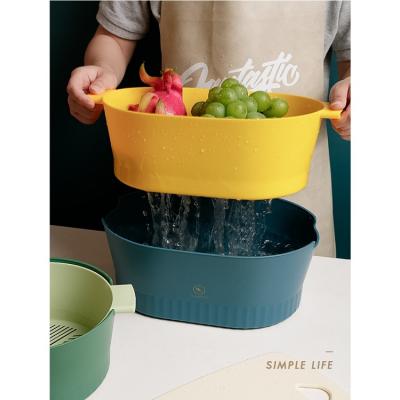 China Morandi Viable Color Fruit Storage Basket Wash Bowl Kitchen Plastic Double Layer Sink Vegetable Drain Basket for sale