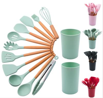 China Hot Selling Eco-friendly Sustainable Wooden Handle 12pcs Silicon Kitchen Utensil Set With Bucket Cookware for sale