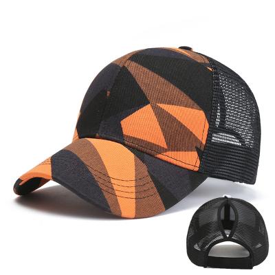 China New 2020 Wholesale New COMMON High Roll Ponytail Mesh Trucker Geometric Print Messy Baseball Cap for sale