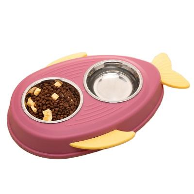 China Viable Wholesale Fish Shaped Stainless Steel Metal Double Feeder Cat Pet Dog Bowl for sale