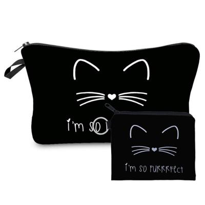 China New Arrival Cute Cat Print Makeup Bag Organizer Bag Pure Black Cotton Canvas Women Cosmetic Bag Eco-friendly Wholesale Fashion for sale