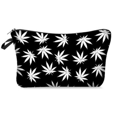 China Eco - Friendly Green Printing Maple Leaves Small Beauty Polyester Makeup Cosmetic Bags for sale