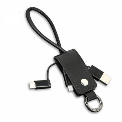 China 2022 New Promotional Portable Camera PU Leather Keychain Cable Short Use 3 in 1 USB Charging Cable for Apple Android Type C for sale