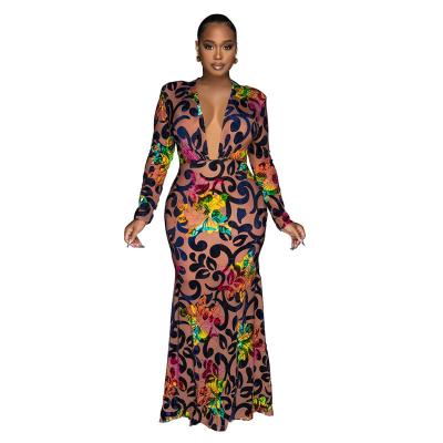 China Anti-static women print v neck maxi dress long sleeved formal elegant women ladies fall 2023 fall evening dress cheap party wear for sale