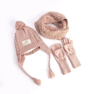 China Girls Winter Long Hat Scarf and Gloves Set - Fur Striped Sherpa Earflap Pom Pom Beanie for sale