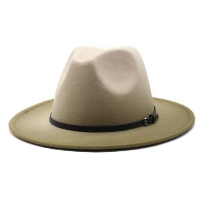 China Image Designer Gradient Color Fedora With Belt Faux Wool Felt Men's Jazz Hat Women Fedora Felt Wide Brim Hat for sale