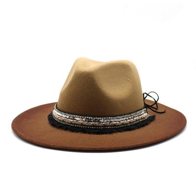 China Image Fashion Exotics Gradient Wool New Felt Fedora Hat Women Wide Brim With Ribbon And String Fedora Hat for sale