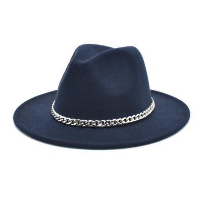 China Autumn Imitation Woolen Unisex Ladies Winter Felted Hats Jazz Caps Fashion Style Round Top Hat Character Covers With Link Chain Steel Hats for sale