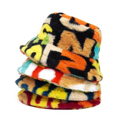 China Dobby Fashion Winter Warm Thicken Fluffy Bucket Hat For Women Fur Letter Printed Panama Warm Fisherman Cap Lady Female for sale