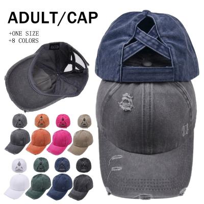 China JOINT Adjustable Mens Washed Hole Ponytail Baseball Cap Vintage-Washed Trucker Hat Ponytail Hat Full Brim Caps for sale