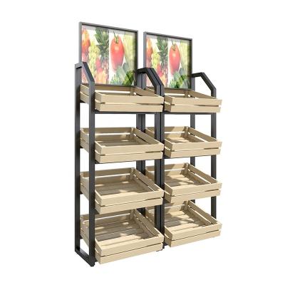 China Double-sided Supermarket Fruit and Vegetable Shelf Island Display Commercial Convenience Store Snacks Fresh Fruit Vegetable Wooden for sale