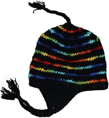 China COMMON Hand Knit Unisex Wool Beanie Hat Ear Flap Fleece Striped Nepal Hat for sale