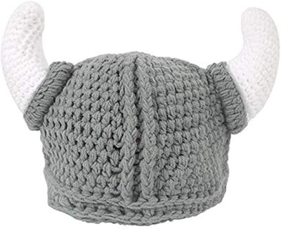 China COMMON Beard Viking Knit Hat with Horns Barbarian Funny Beanie Cap Handmade for Parent-Child Baby Adult Grey. for sale