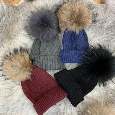 China JOINT Custom Thick Rib Knit Cashmere Pom Hats Fur Beanie Hat for sale