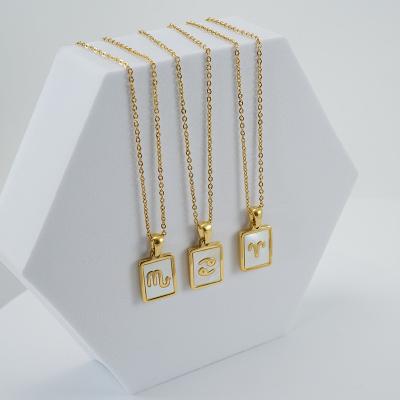 China Fashion Trendy Stainless Steel Necklace Gold Plated Zodiac Sign Square 12 Zodiac Sign Shell Necklace For Women Girls Jewelry for sale