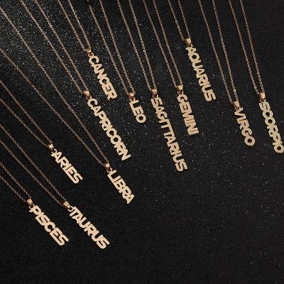 China BOHEMIA Wholesale 12 Zodiac Letter Necklaces Horoscope Rectangle Pendant Gold Letters Zodiac Long Chain Necklace for sale