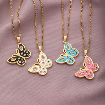 China Hot Sale High Quality/Factory Source Gold Plated Enamel Stainless Steel Butterfly Crystal Rhinestone Butterfly Necklace for sale