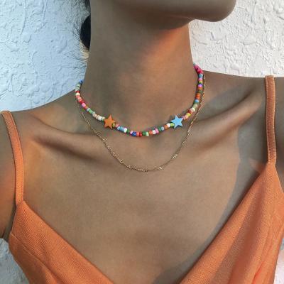 China Gold Plated Geometric Chain Star Pentagon Choker Necklace Set Colorful Rice Bead Resin Bead Necklace Boho FASHIONABLE Accessories for sale