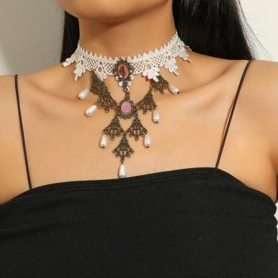 China Environmental friendly retro white lace female choker necklace design antique copper plated long pearl tassel drop necklace for sale